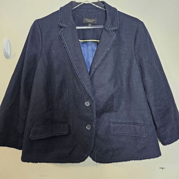 Talbots 2 Buttons Cotton Fringed Blazer Denim Stretch Jacket Career Women's Blue - Picture 1 of 5